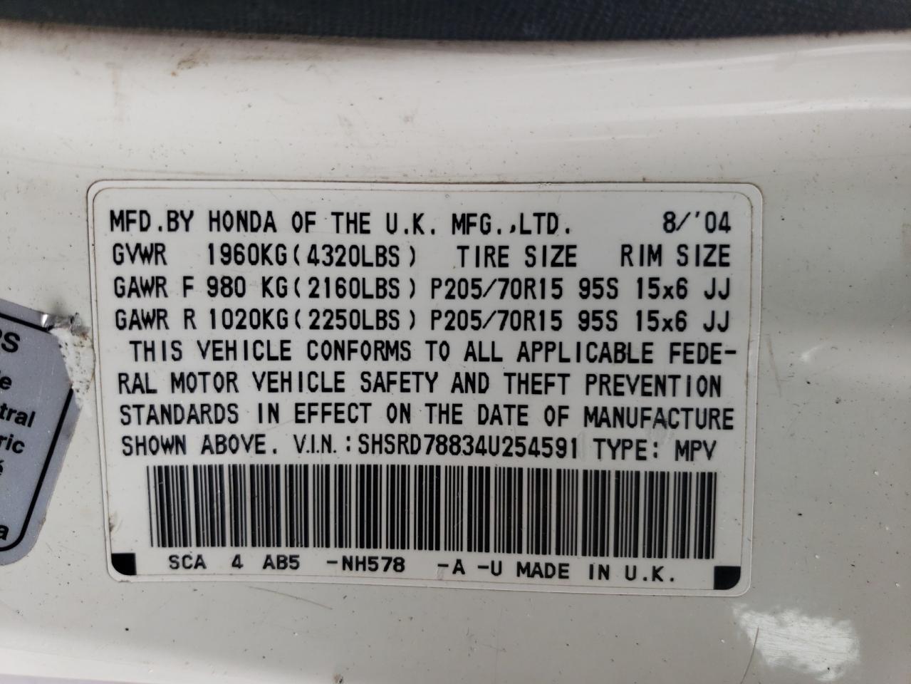 SHSRD78834U254591 2004 Honda Cr-V Ex