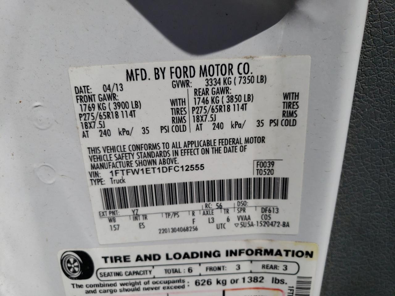 1FTFW1ET1DFC12555 2013 Ford F150 Supercrew