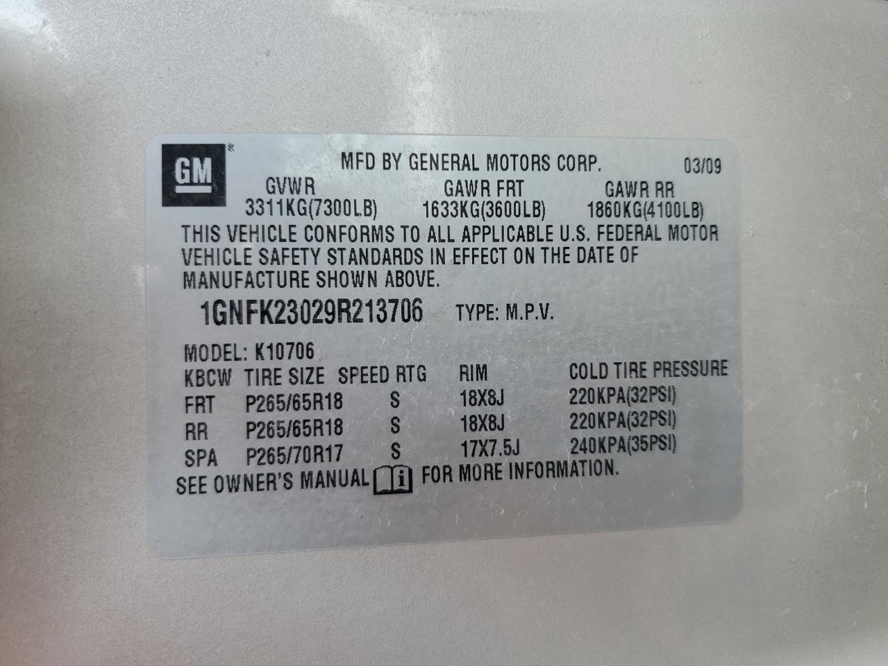 1GNFK23029R213706 2009 Chevrolet Tahoe K1500 Lt