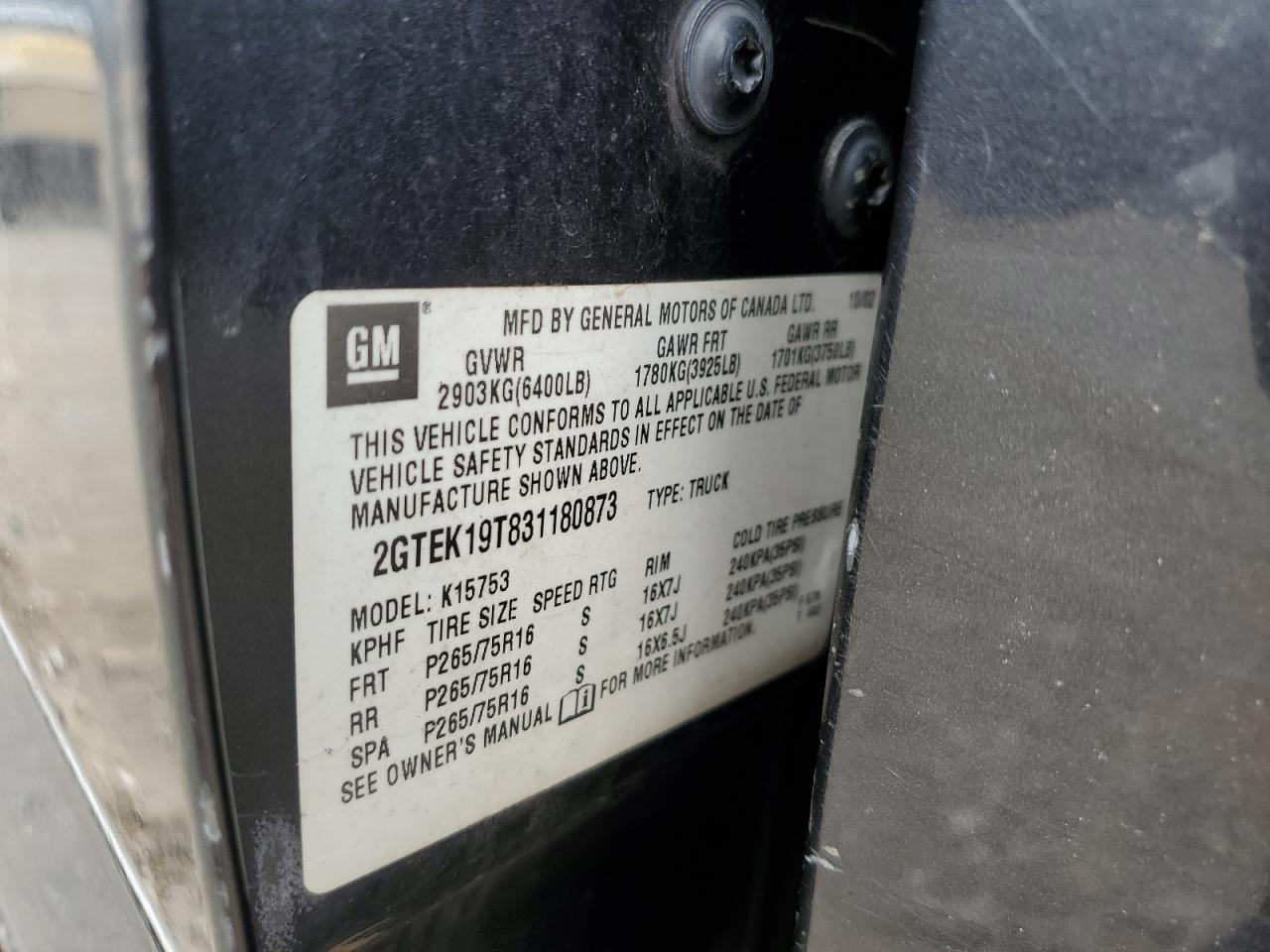 2GTEK19T831180873 2003 GMC New Sierra K1500