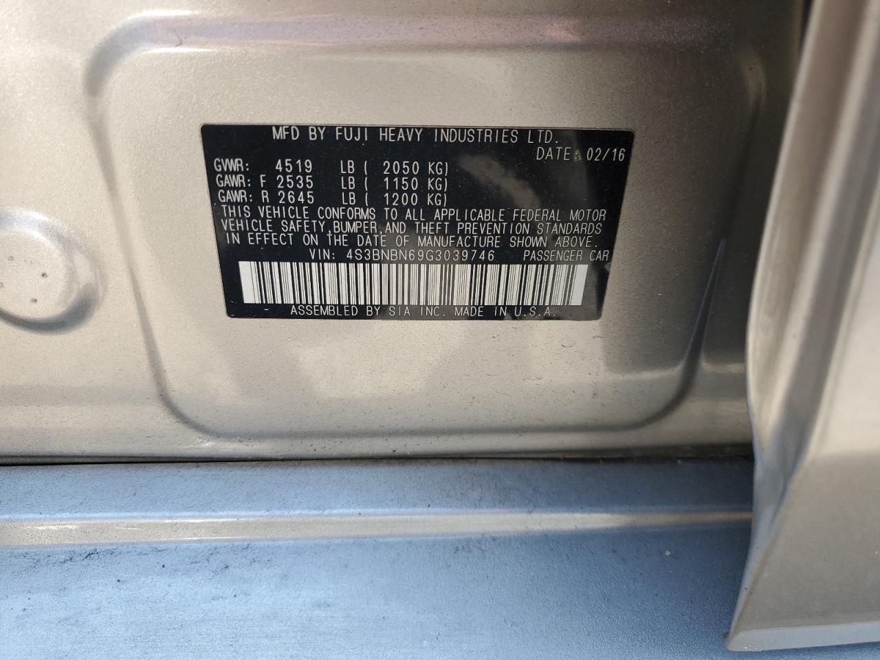 4S3BNBN69G3039746 2016 Subaru Legacy 2.5I Limited