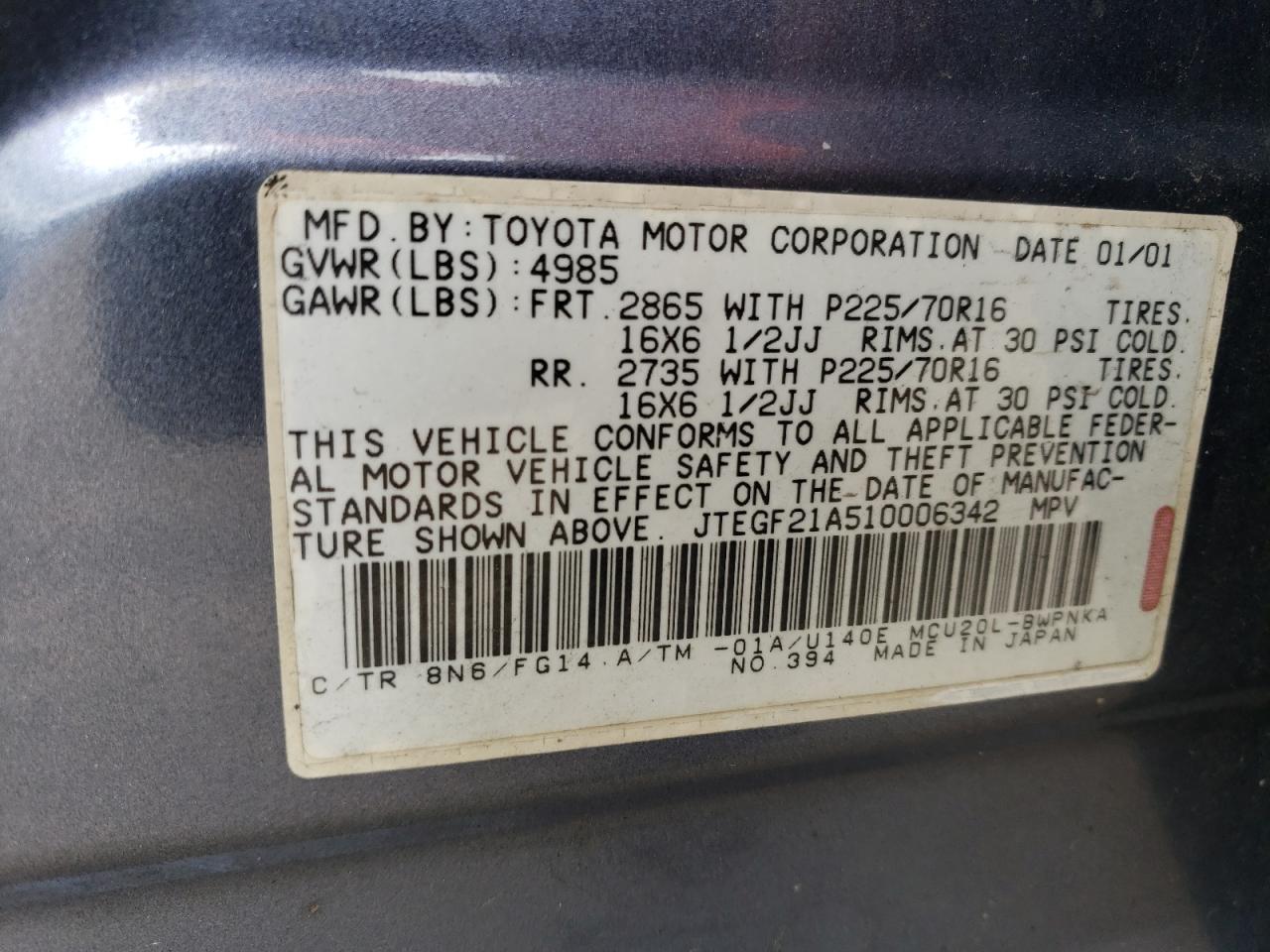 JTEGF21A510006342 2001 Toyota Highlander