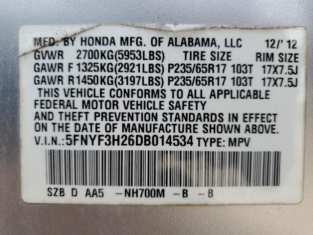 VIN 5FNYF3H26DB014534 2013 Honda Pilot, LX no.13