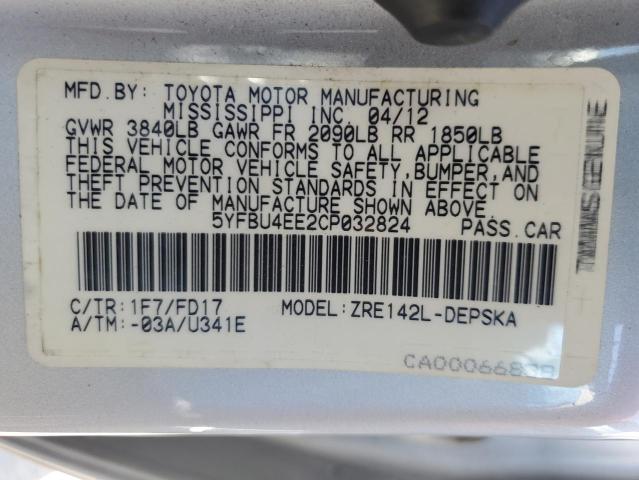 2012 Toyota Corolla Base VIN: 5YFBU4EE2CP032824 Lot: 57810994