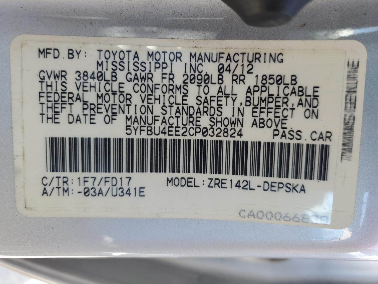 5YFBU4EE2CP032824 2012 Toyota Corolla Base