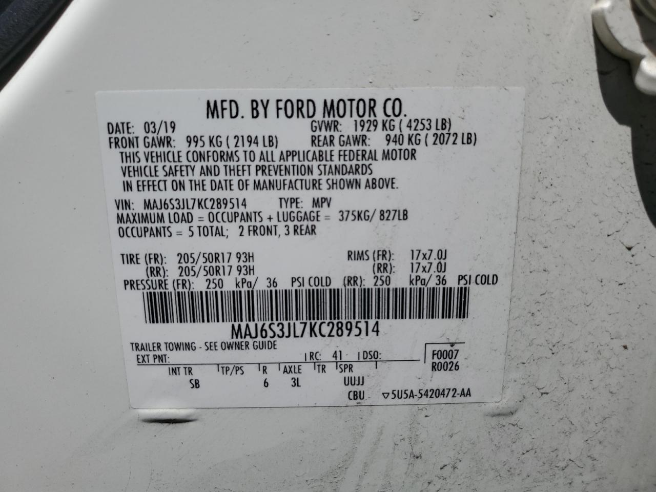 MAJ6S3JL7KC289514 2019 Ford Ecosport Ses