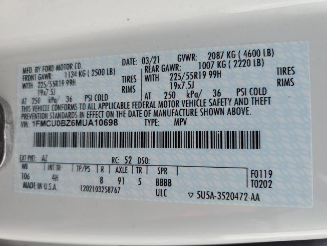 2021 Ford Escape Se VIN: 1FMCU0BZ6MUA10698 Lot: 58488754