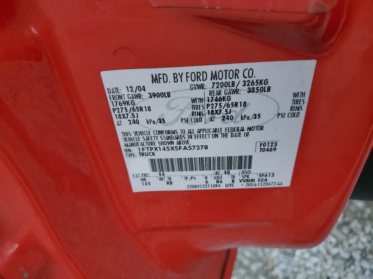 1FTPX145X5FA57378 2005 Ford F150