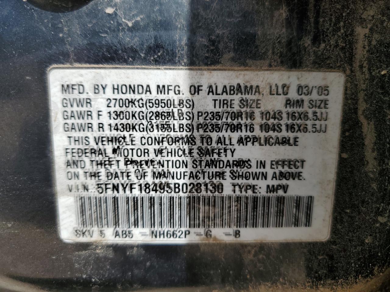 5FNYF18495B028130 2005 Honda Pilot Ex