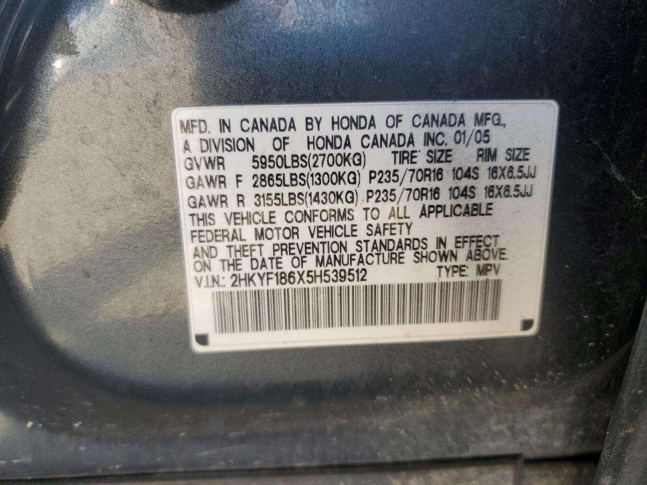 2HKYF186X5H539512 2005 Honda Pilot Exl