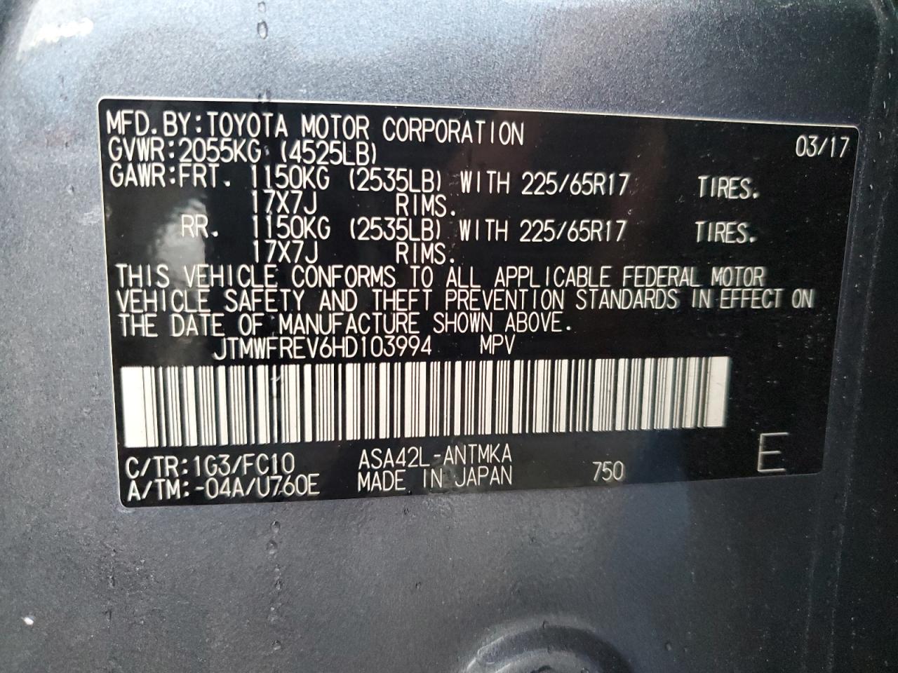 JTMWFREV6HD103994 2017 Toyota Rav4 Xle