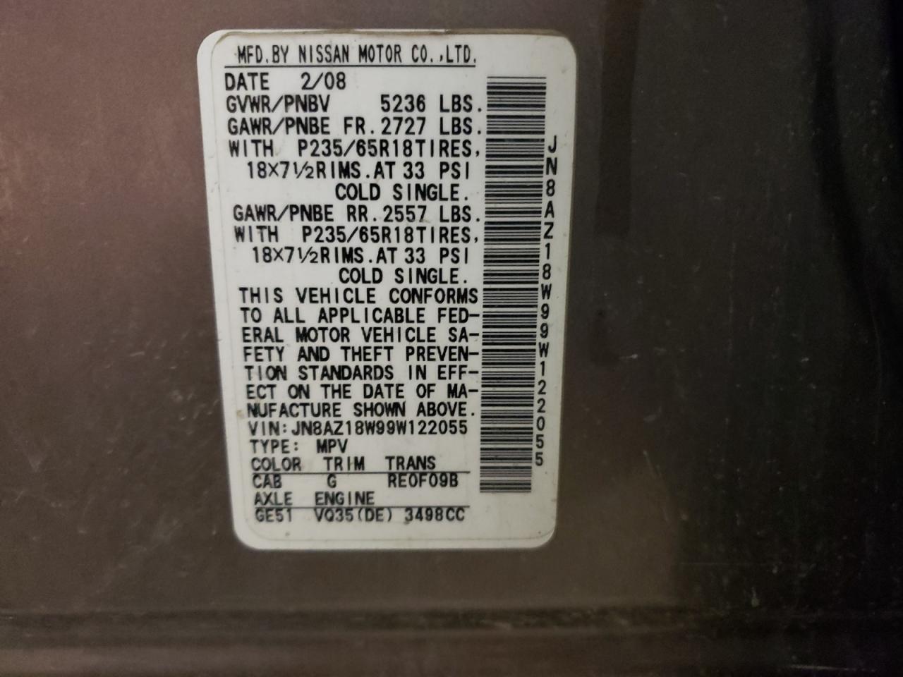 JN8AZ18W99W122055 2009 Nissan Murano S