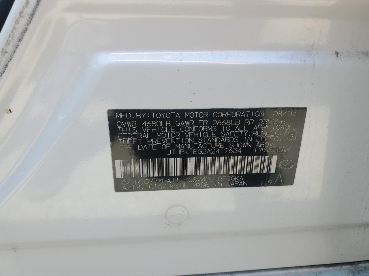 JTHBK1EG2A2412634 2010 Lexus Es 350