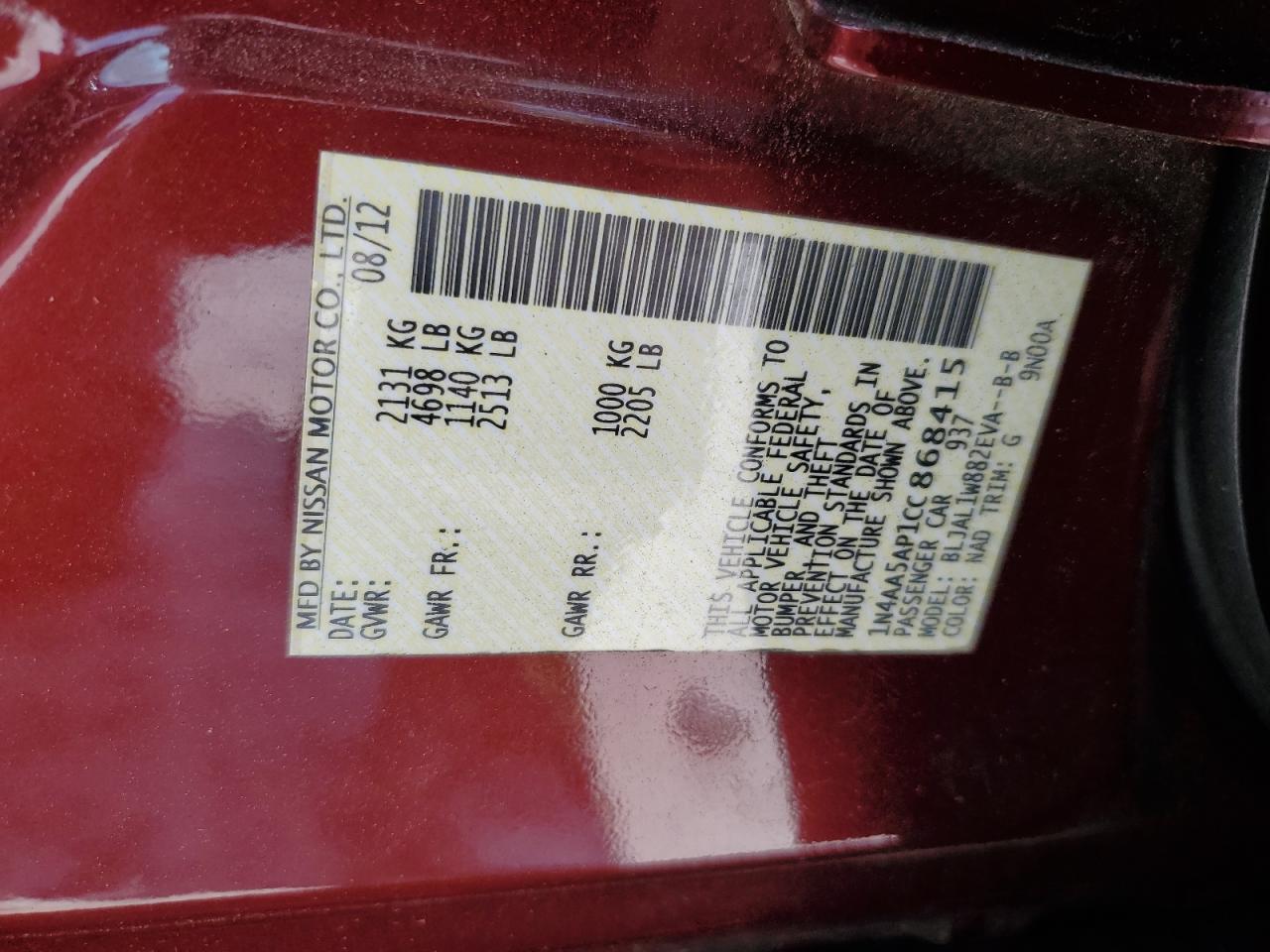 1N4AA5AP1CC868415 2012 Nissan Maxima S