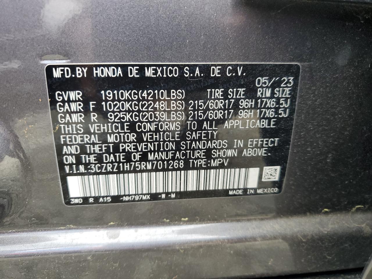 3CZRZ1H75RM701268 2024 Honda Hr-V Exl