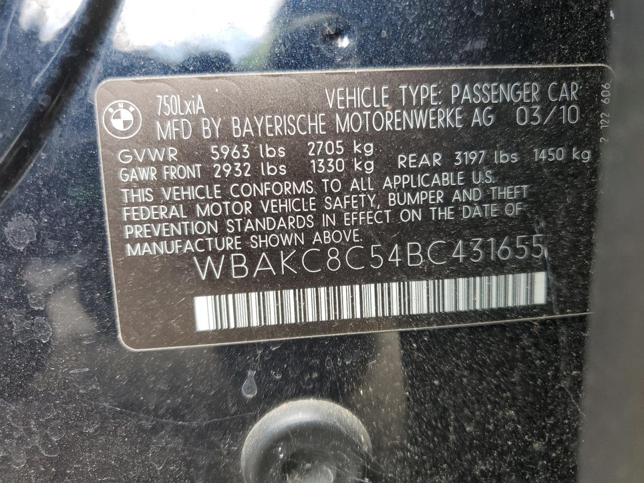 WBAKC8C54BC431655 2011 BMW 750 Lxi