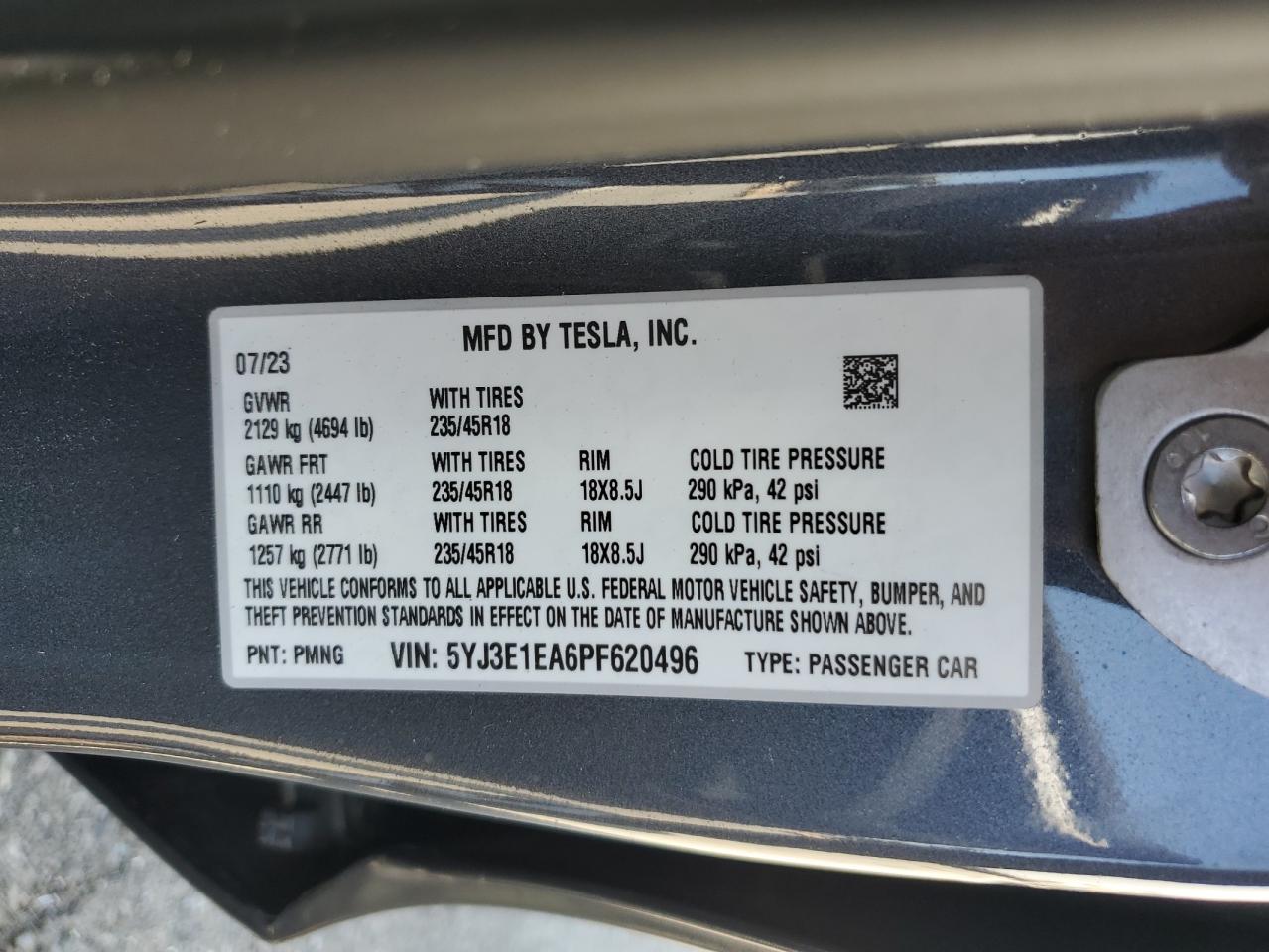 5YJ3E1EA6PF620496 2023 Tesla Model 3