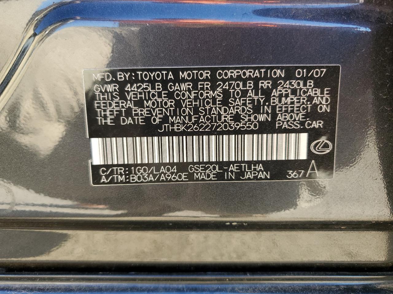 JTHBK262272039550 2007 Lexus Is 250