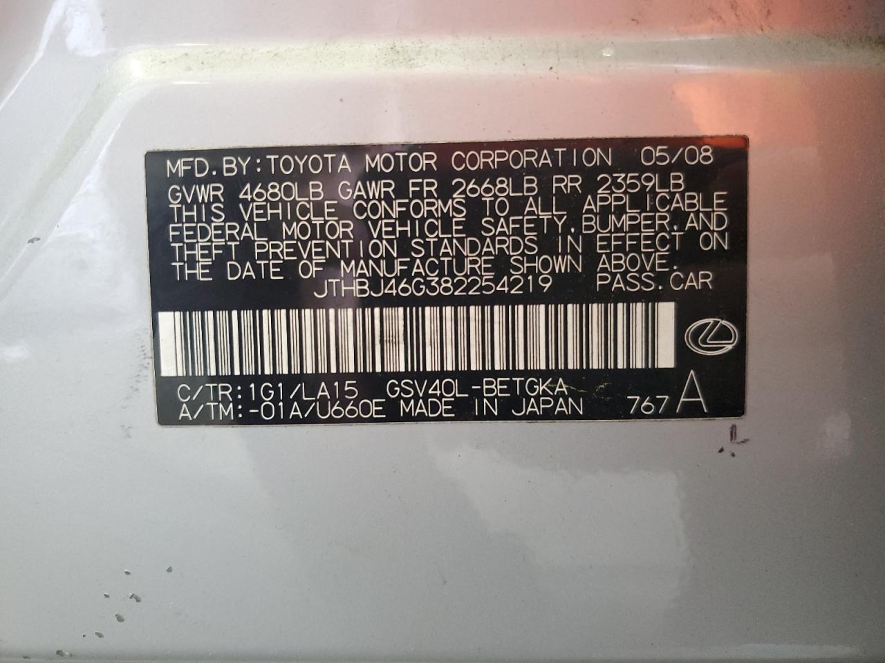 JTHBJ46G382254219 2008 Lexus Es 350