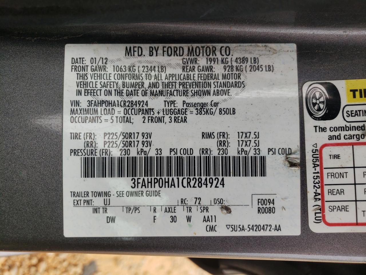 3FAHP0HA1CR284924 2012 Ford Fusion Se