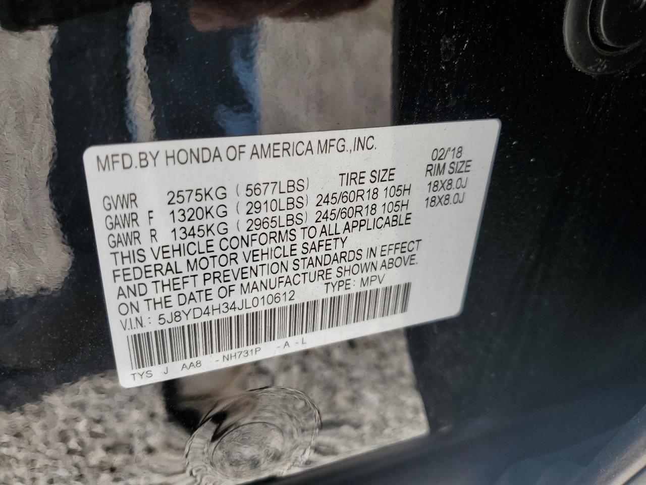 5J8YD4H34JL010612 2018 Acura Mdx