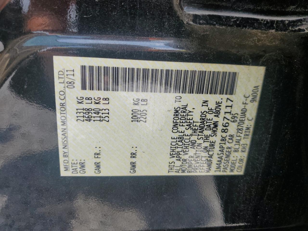 1N4AA5AP1BC867117 2011 Nissan Maxima S