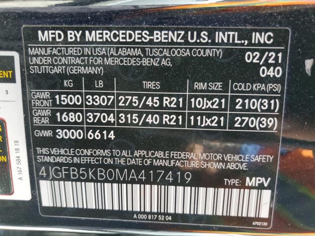 2021 Mercedes-Benz Gle 450 4Matic VIN: 4JGFB5KB0MA417419 Lot: 58459994