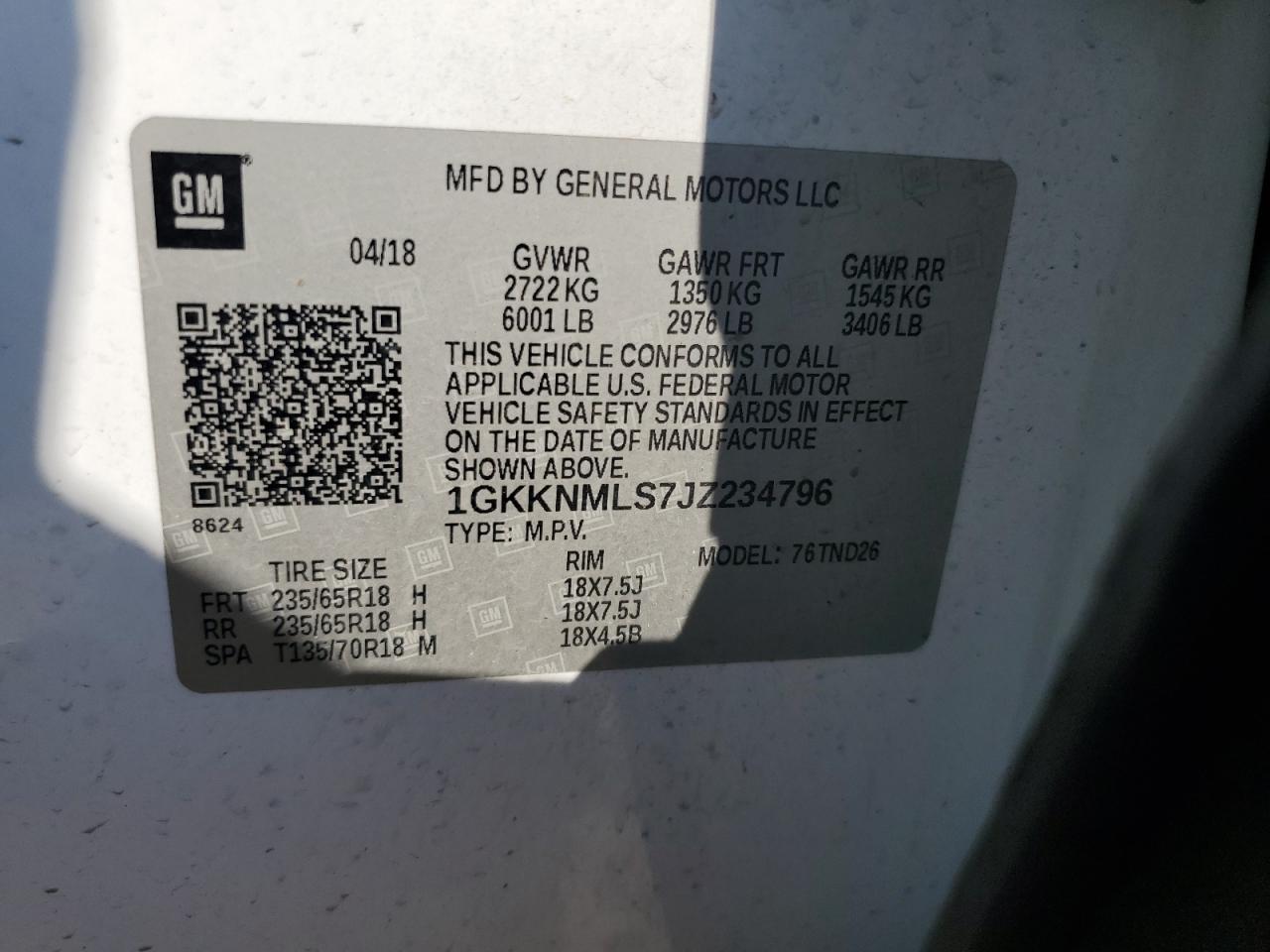 1GKKNMLS7JZ234796 2018 GMC Acadia Slt-1