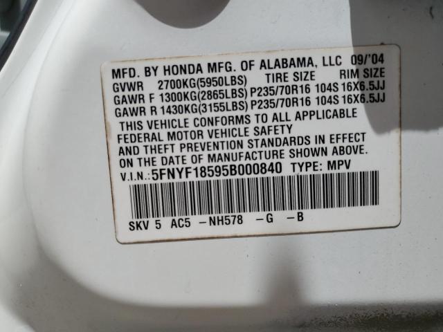 2005 Honda Pilot Exl VIN: 5FNYF18595B000840 Lot: 59753814