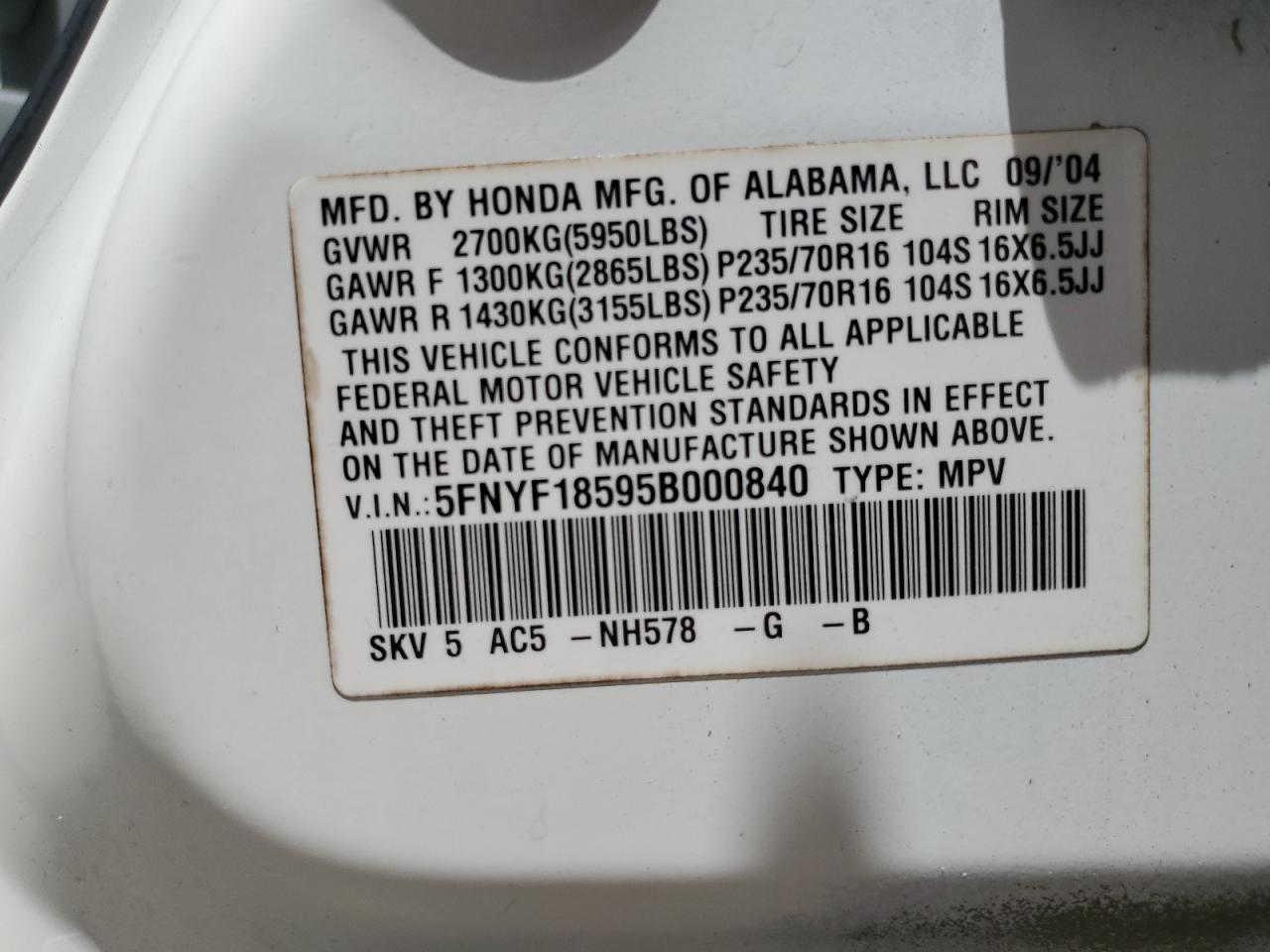 5FNYF18595B000840 2005 Honda Pilot Exl