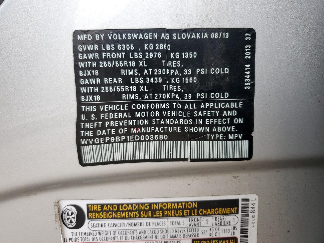 WVGEP9BP1ED003680 2014 Volkswagen Touareg V6 Tdi