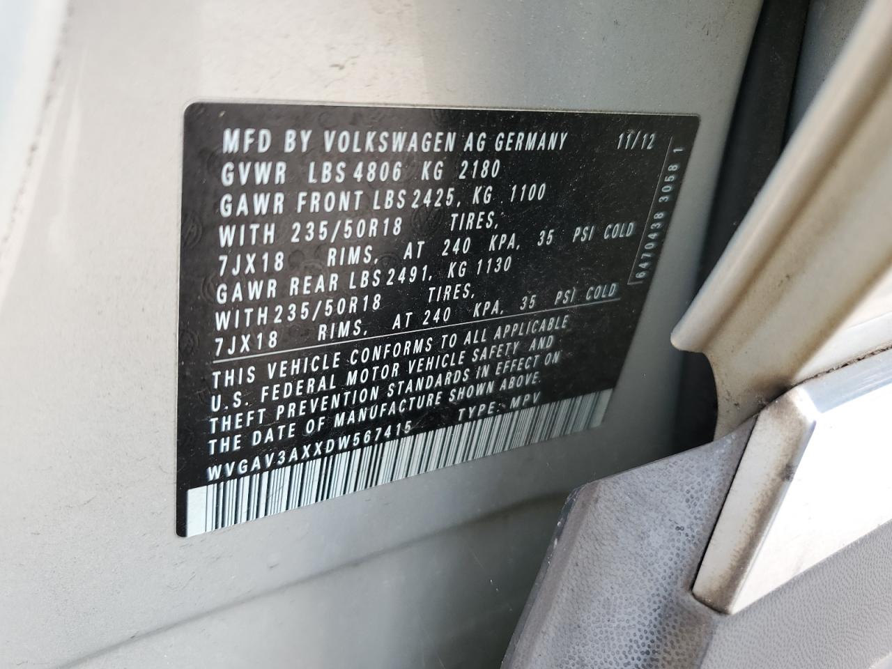 WVGAV3AXXDW567415 2013 Volkswagen Tiguan S