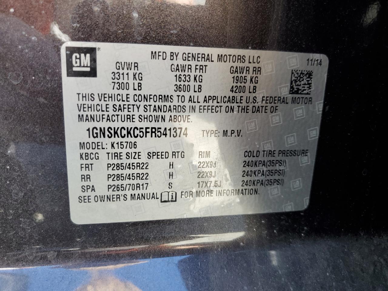 1GNSKCKC5FR541374 2015 Chevrolet Tahoe K1500 Ltz