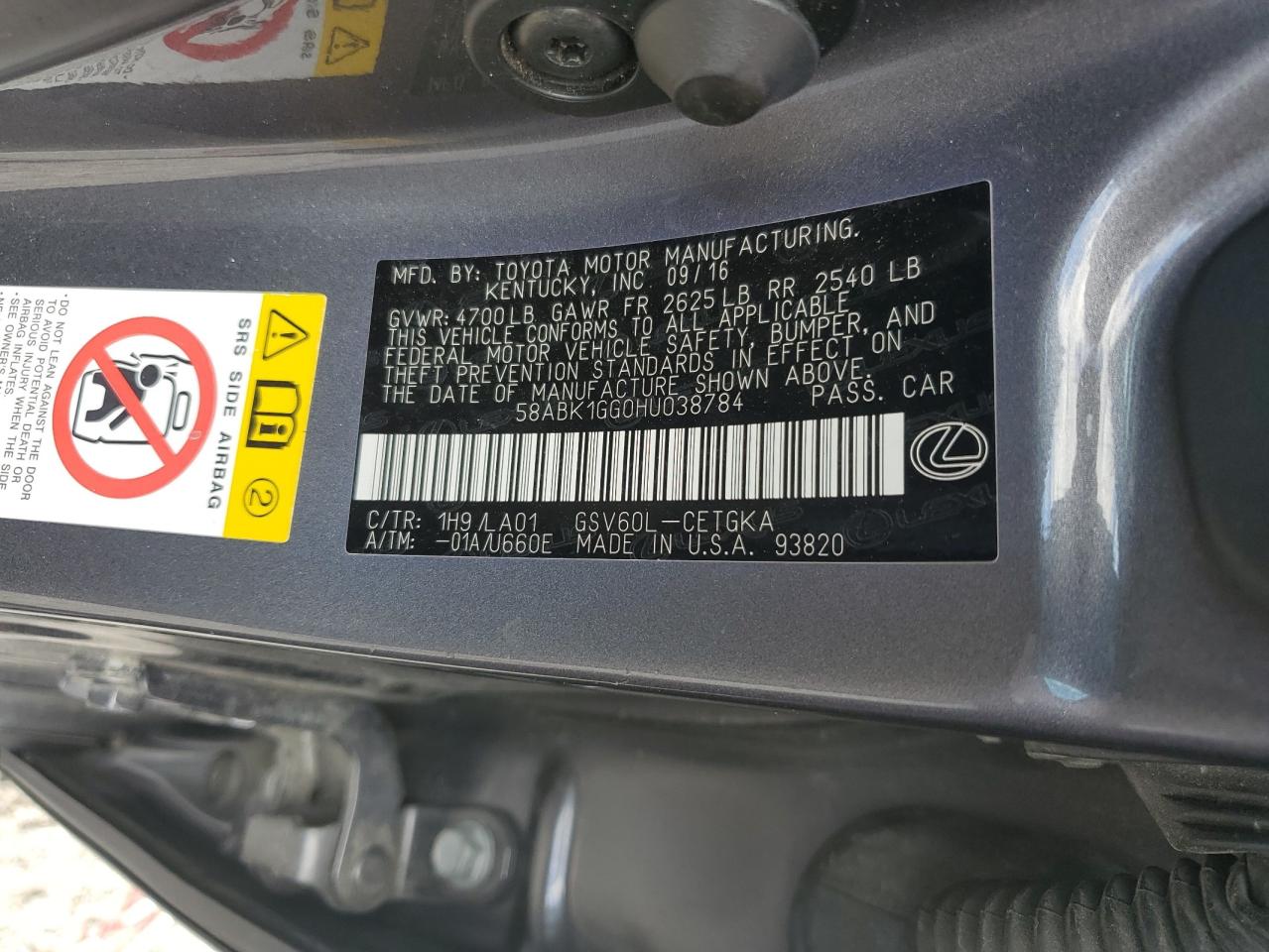 58ABK1GG0HU038784 2017 Lexus Es 350