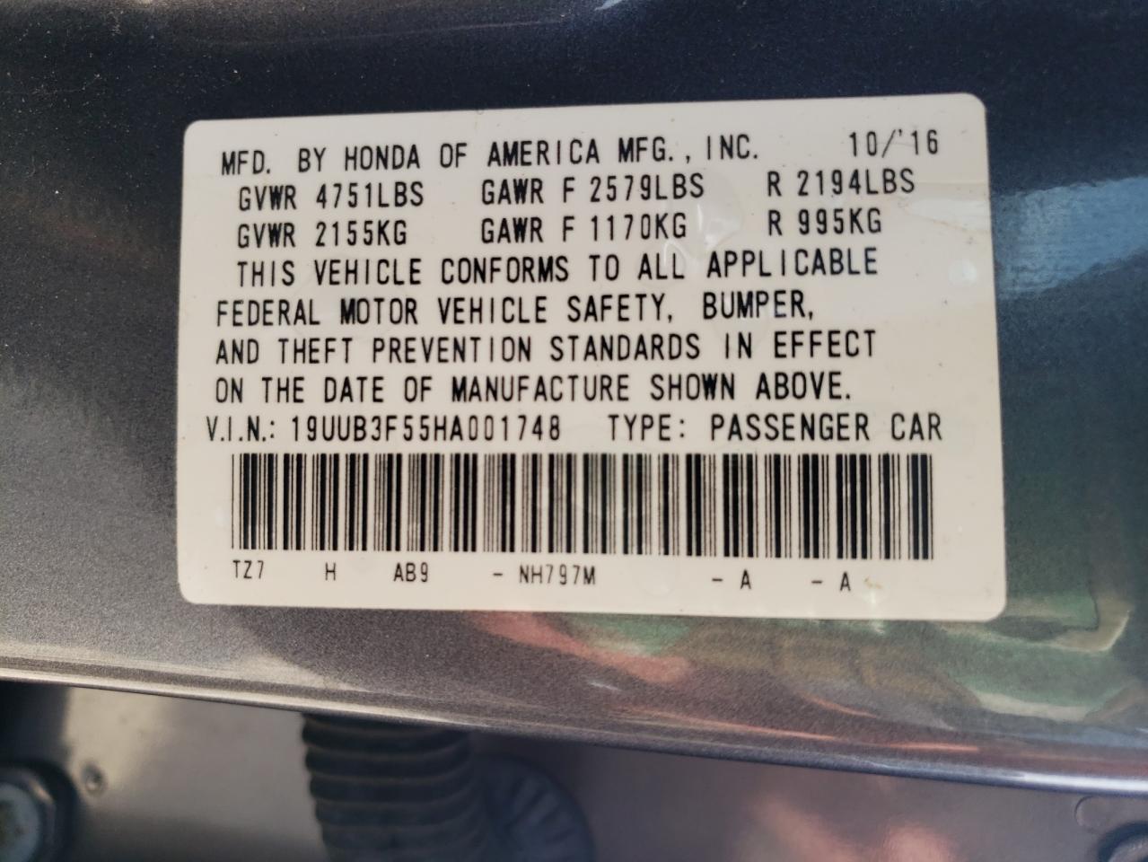 19UUB3F55HA001748 2017 Acura Tlx Tech