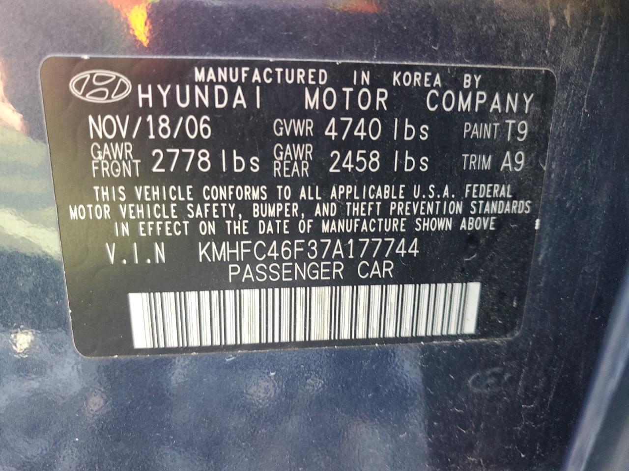 KMHFC46F37A177744 2007 Hyundai Azera Se