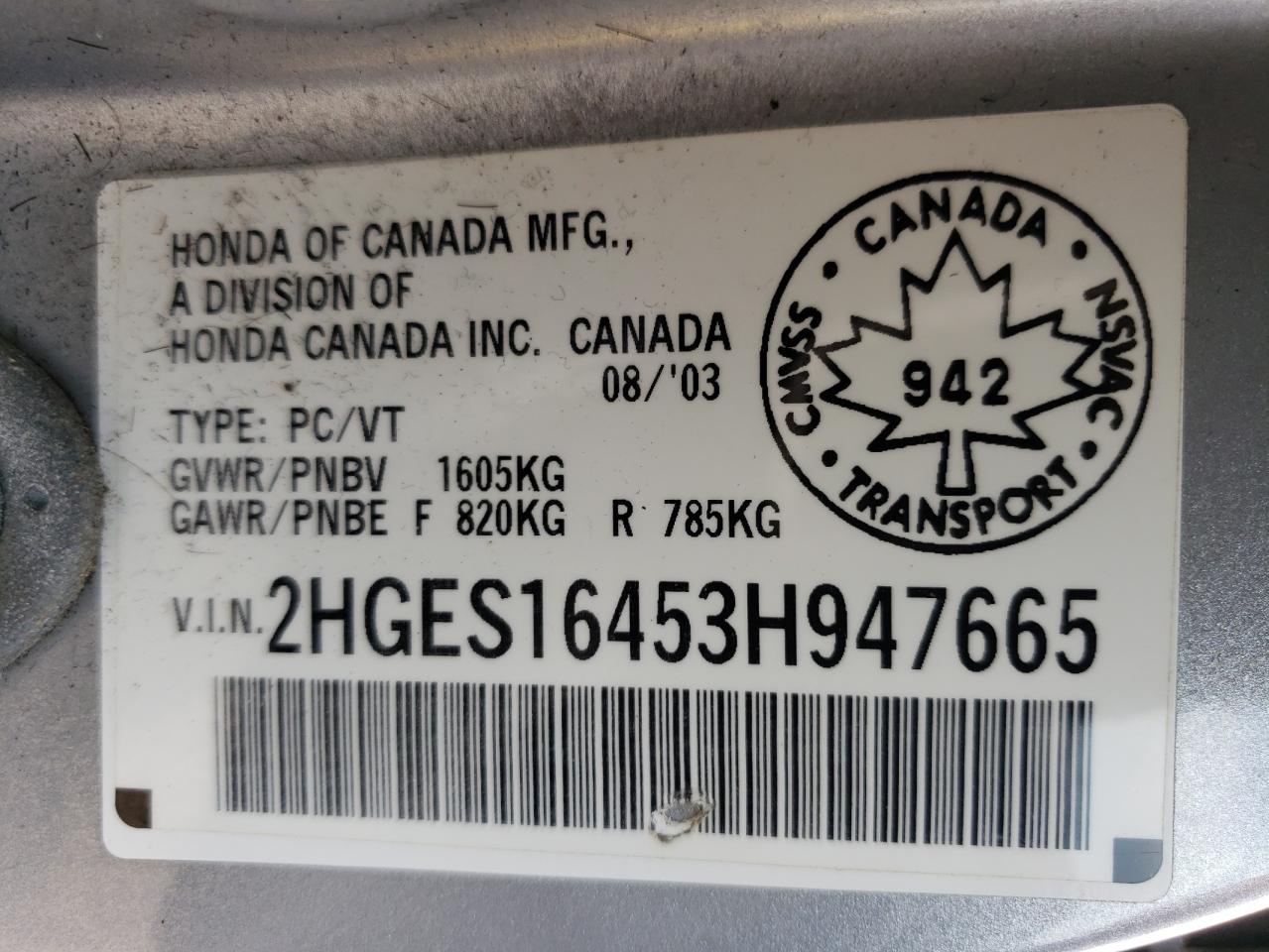 2HGES16453H947665 2003 Honda Civic Dx