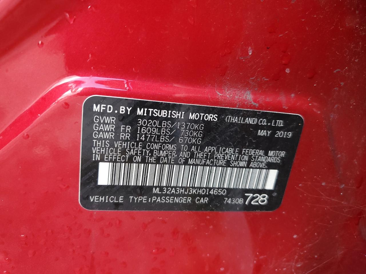 ML32A3HJ3KH014650 2019 Mitsubishi Mirage Es