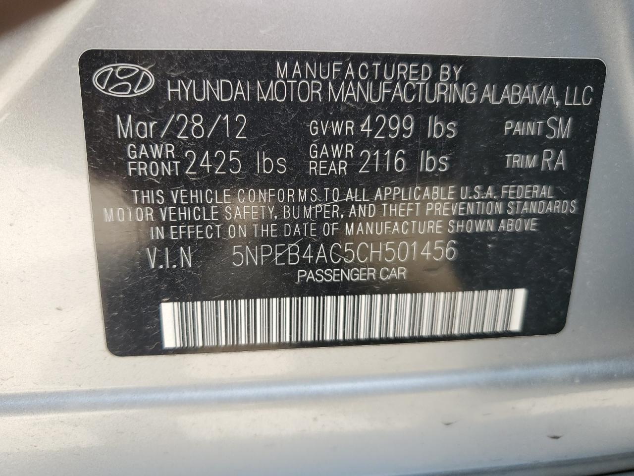 5NPEB4AC5CH501456 2012 Hyundai Sonata Gls