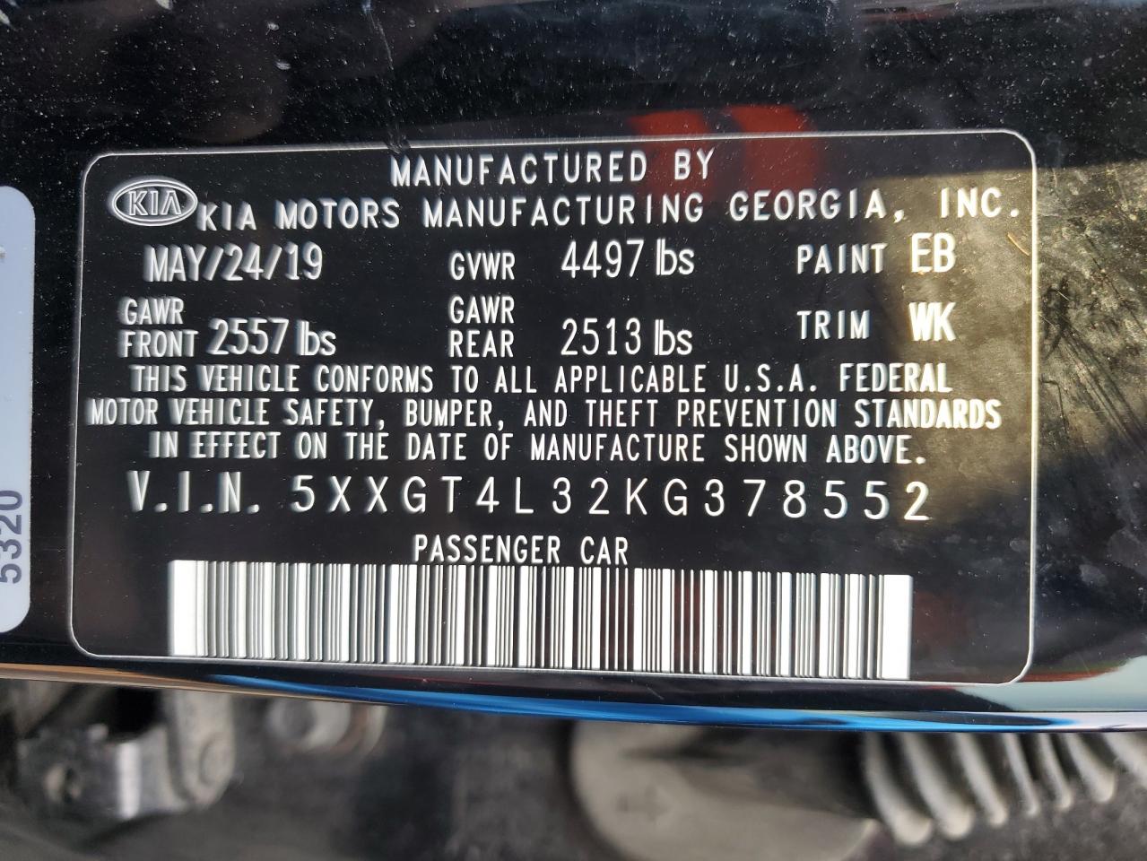 5XXGT4L32KG378552 2019 Kia Optima Lx