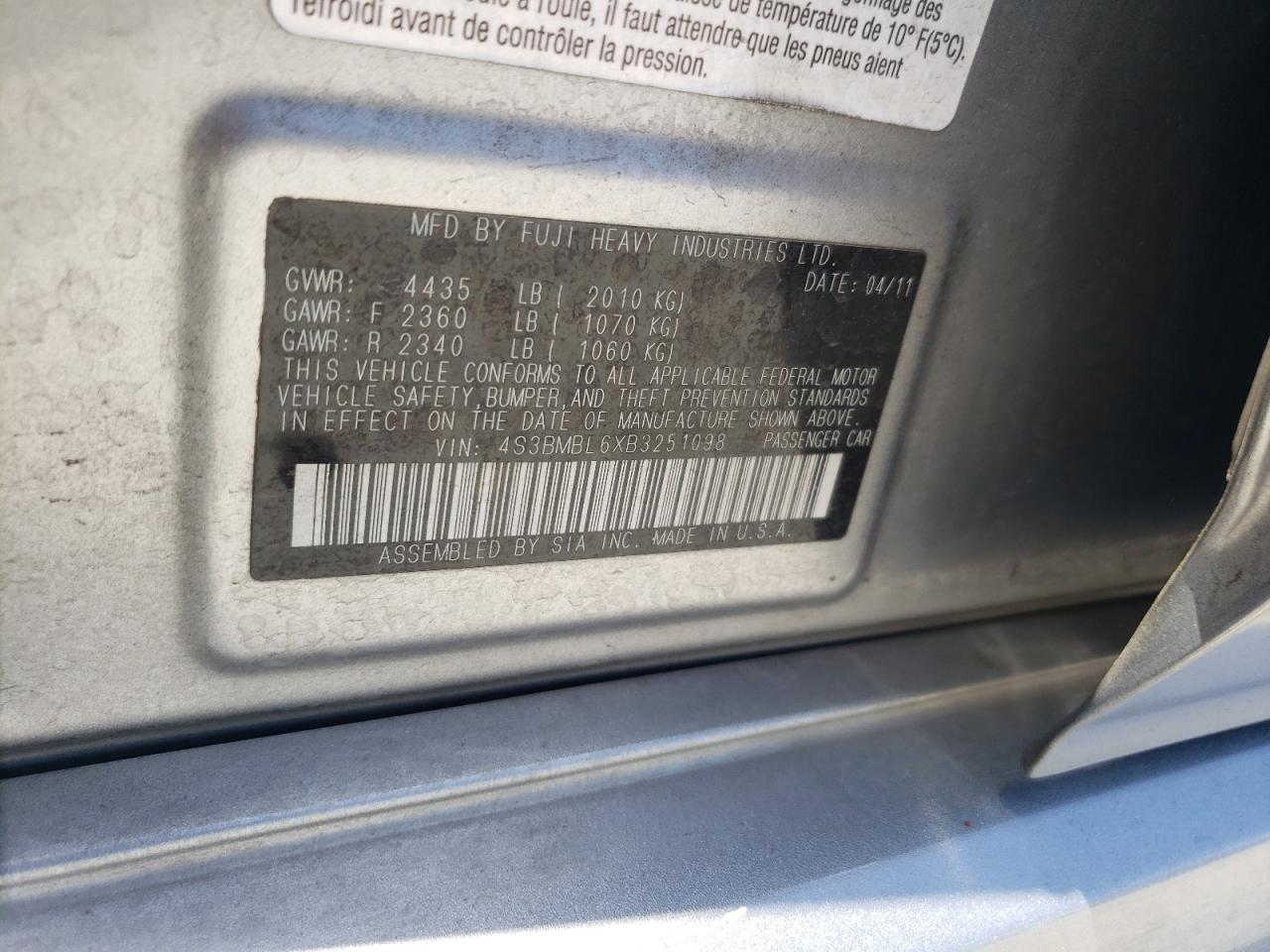 4S3BMBL6XB3251098 2011 Subaru Legacy 2.5I Limited