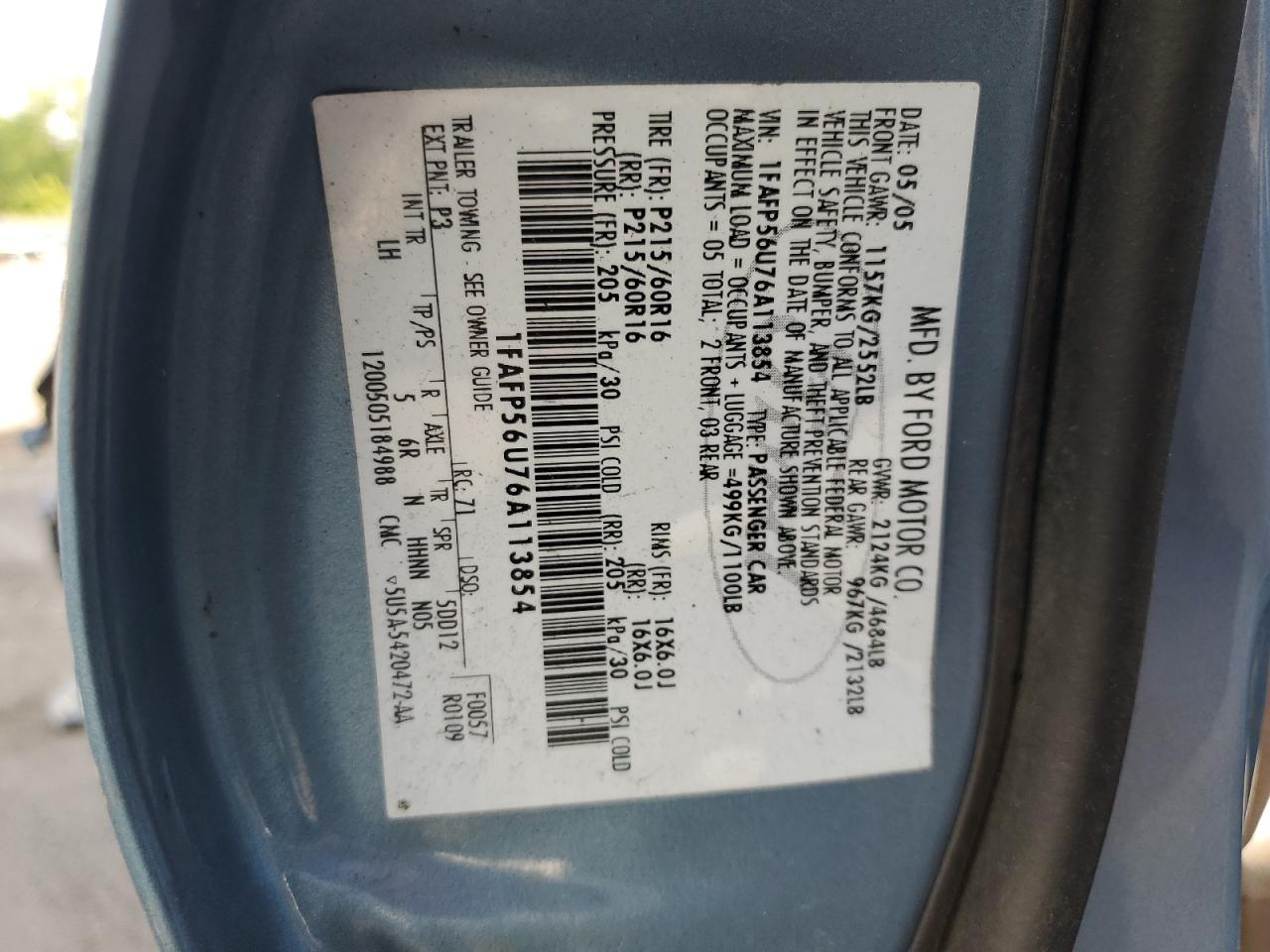 1FAFP56U76A113854 2006 Ford Taurus Sel
