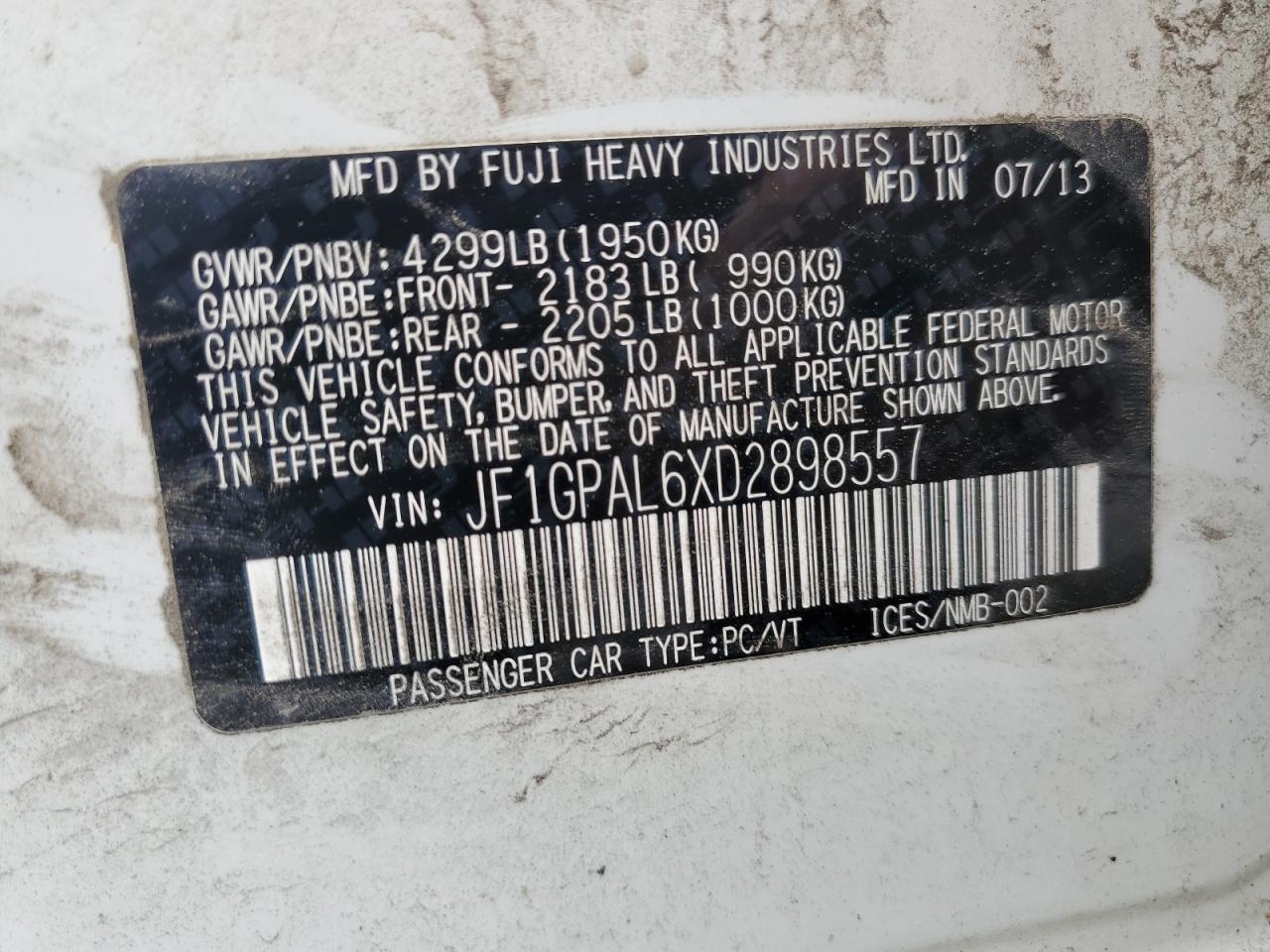 JF1GPAL6XD2898557 2013 Subaru Impreza Sport Premium