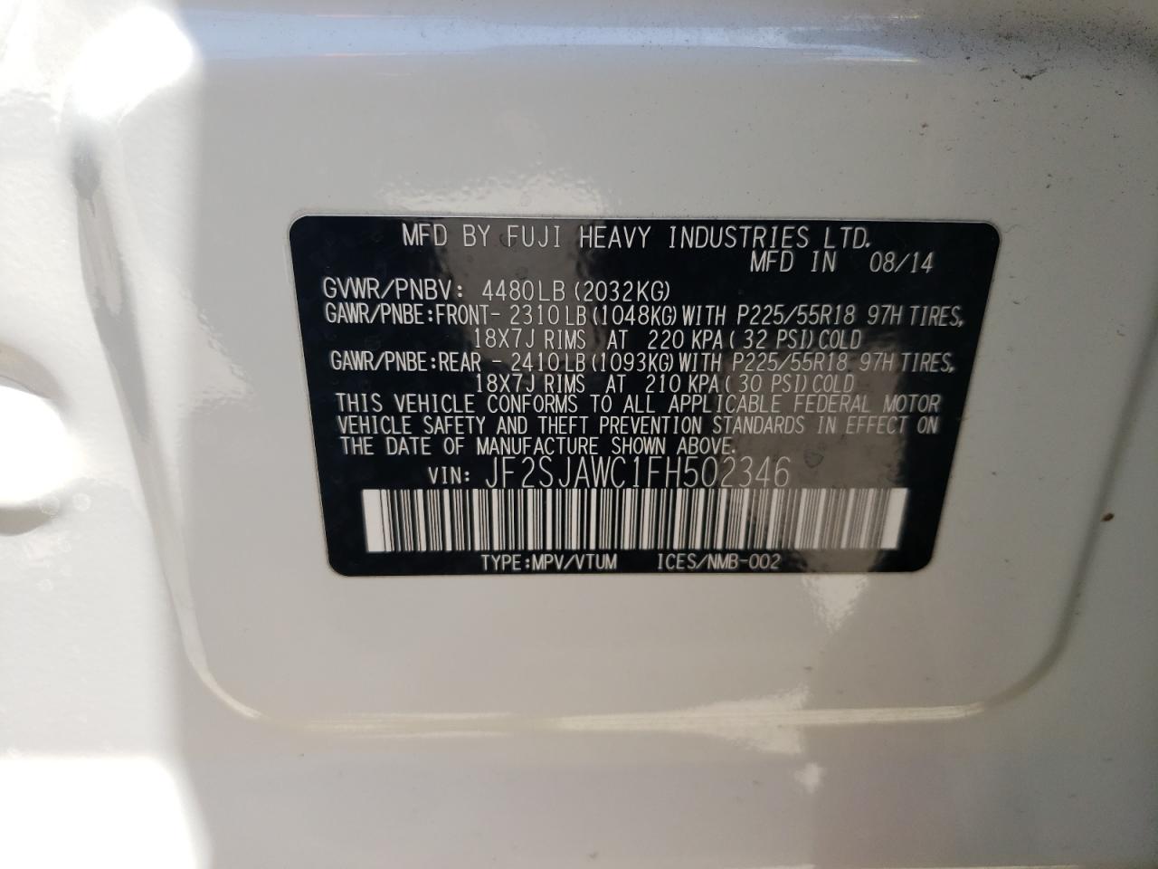 JF2SJAWC1FH502346 2015 Subaru Forester 2.5I Touring