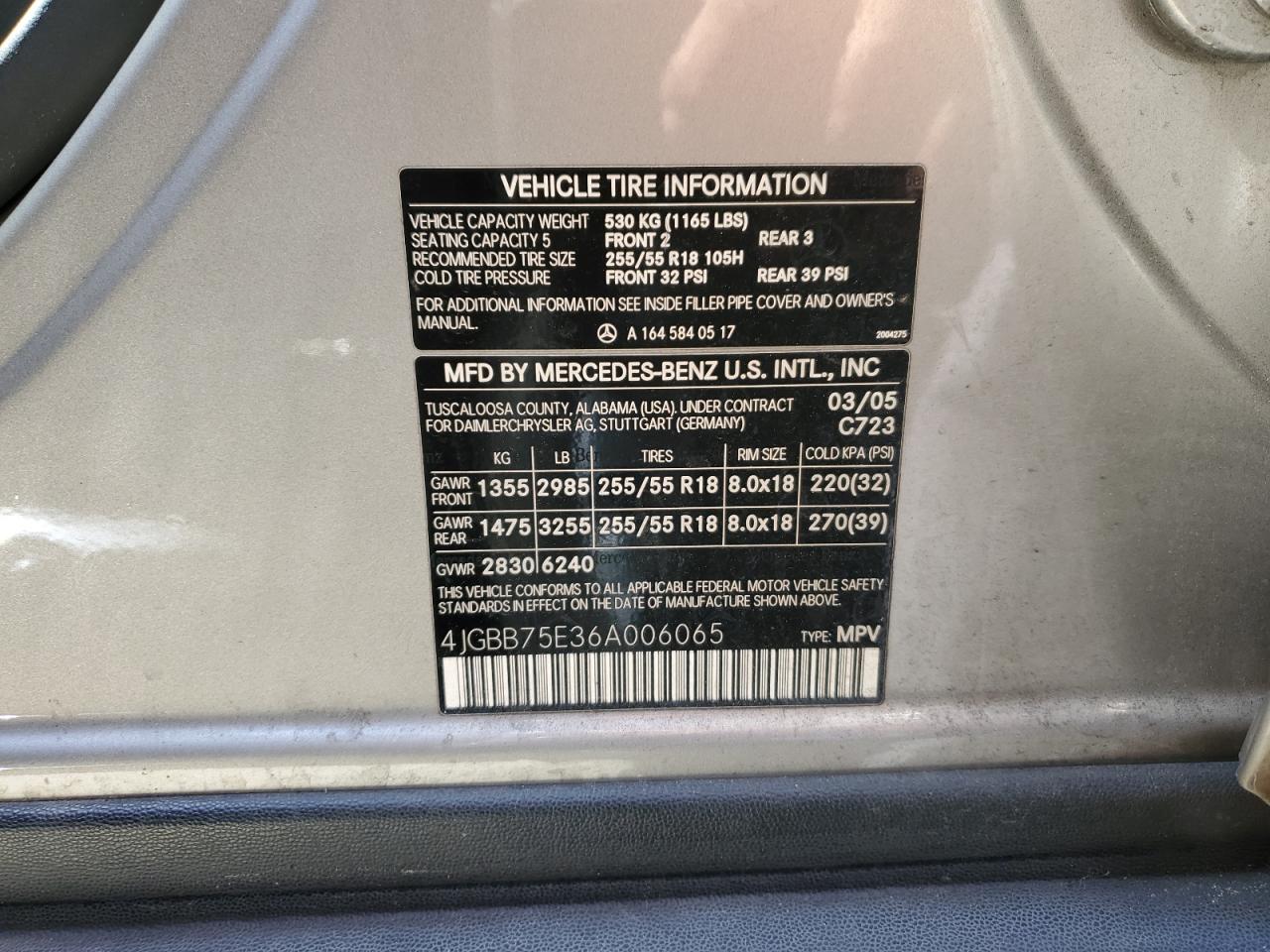 4JGBB75E36A006065 2006 Mercedes-Benz Ml 500