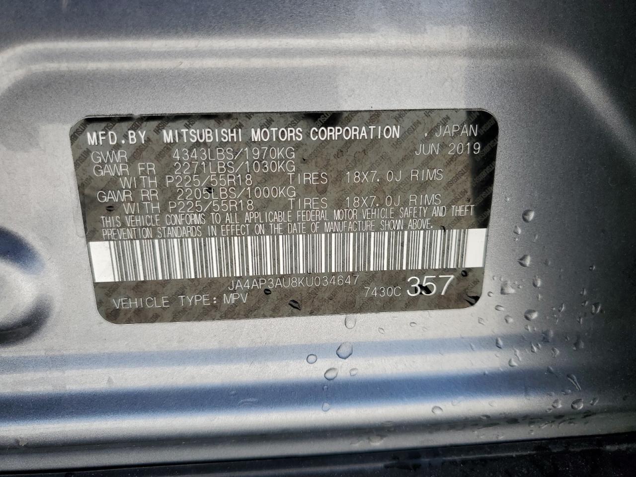 JA4AP3AU8KU034647 2019 Mitsubishi Outlander Sport Es