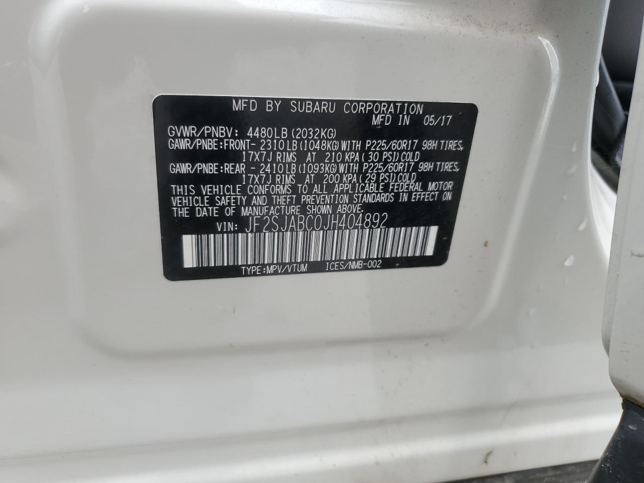 JF2SJABC0JH404892 2018 Subaru Forester 2.5I