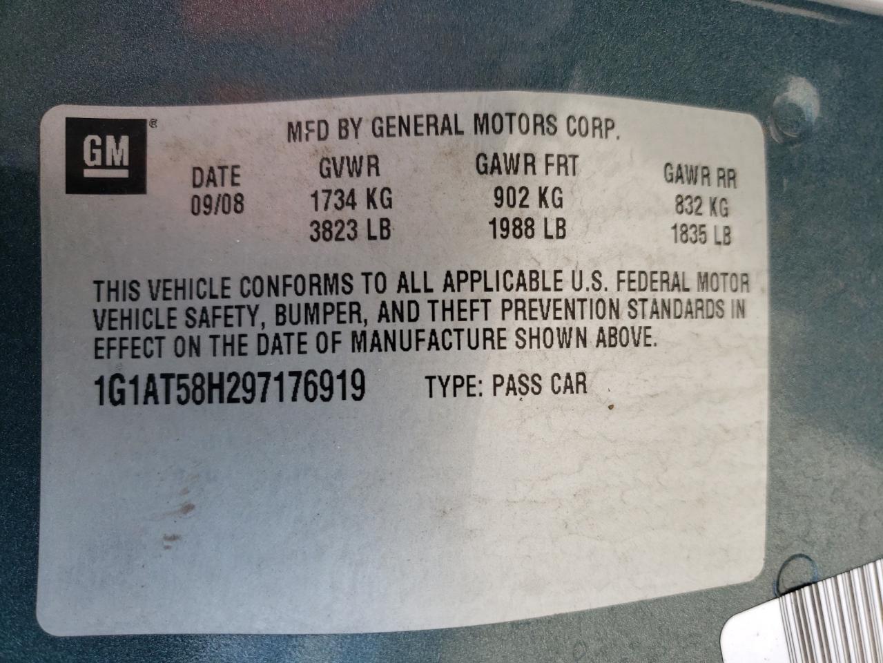 1G1AT58H297176919 2009 Chevrolet Cobalt Lt