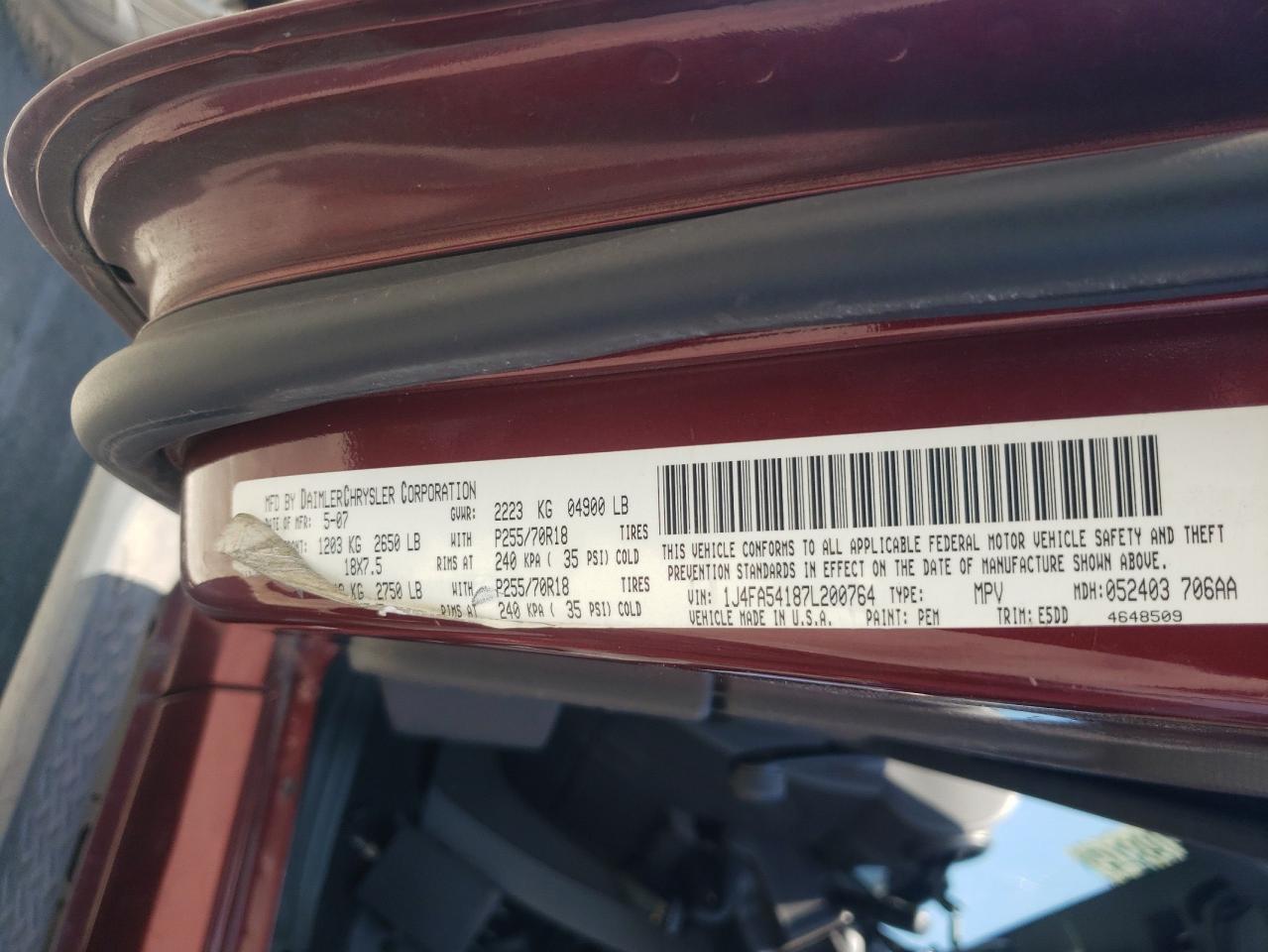 1J4FA54187L200764 2007 Jeep Wrangler Sahara