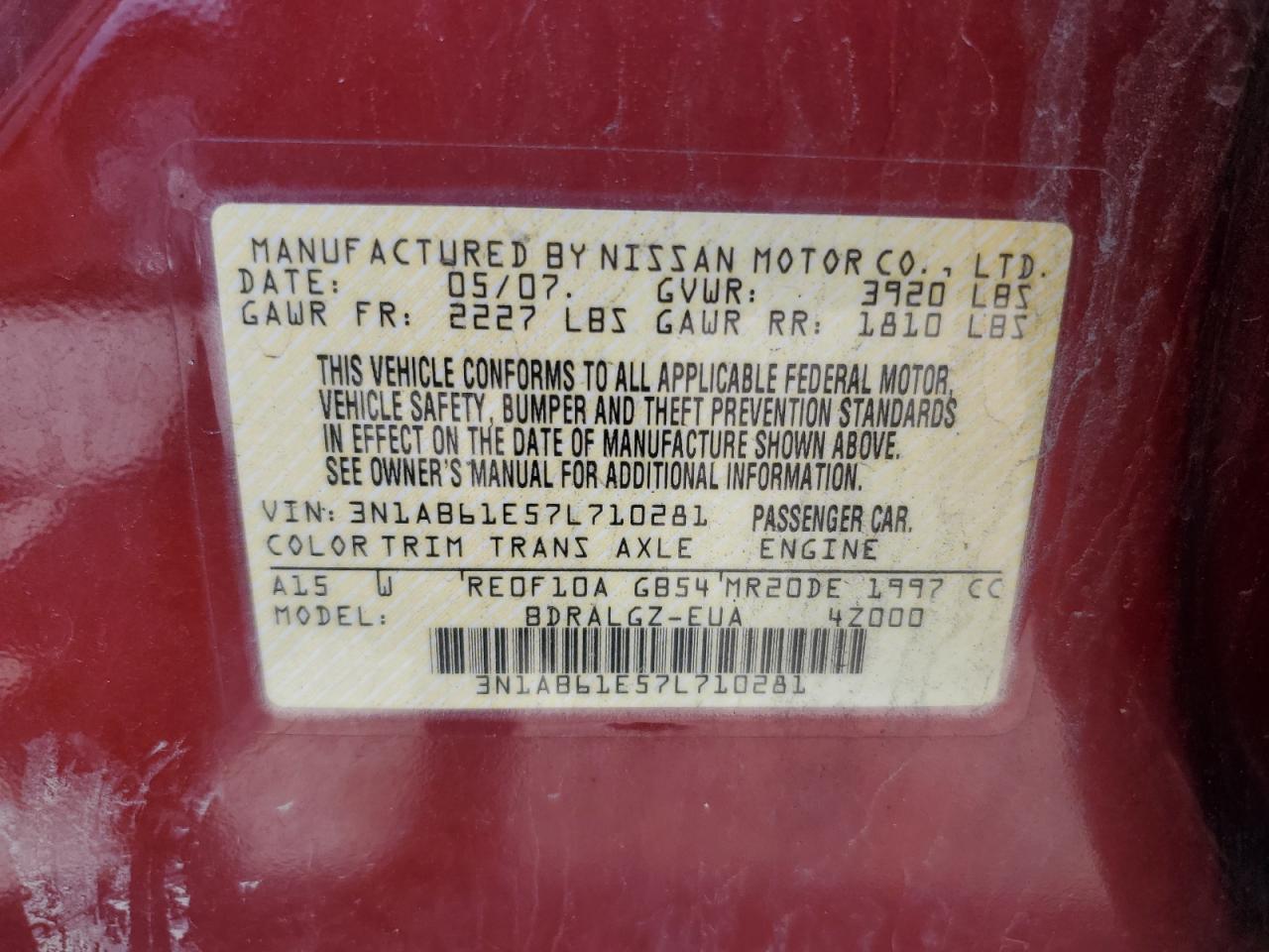 3N1AB61E57L710281 2007 Nissan Sentra 2.0